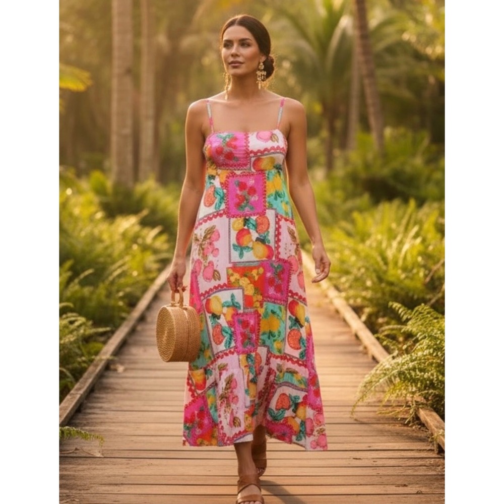 Paper Heart Womens Fruit Print Maxi Dress Pink Orange Tropical Summer Size M